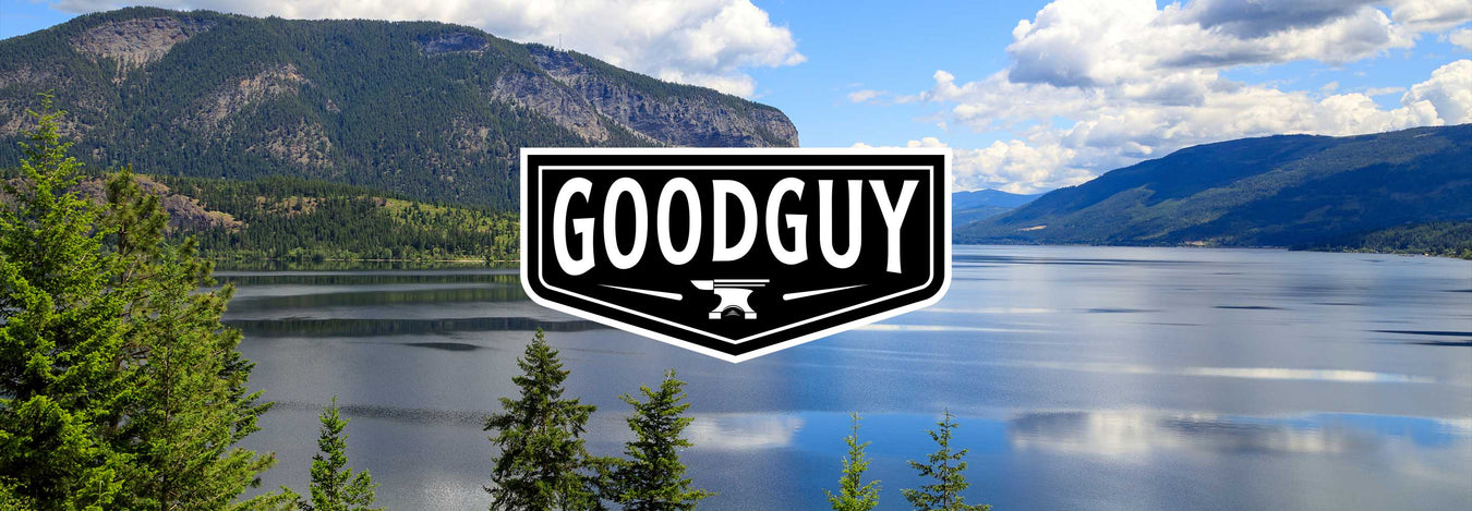 The Good Guy SUpply company logo is seen over a background of Salmon Arm Lake in Canada